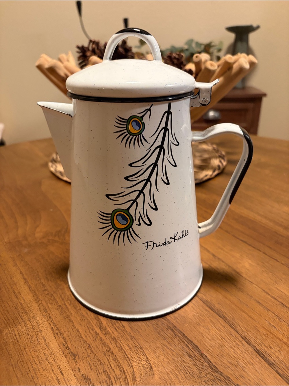 Frida Kahlo White Enamel Peacock Design Coffee Pot